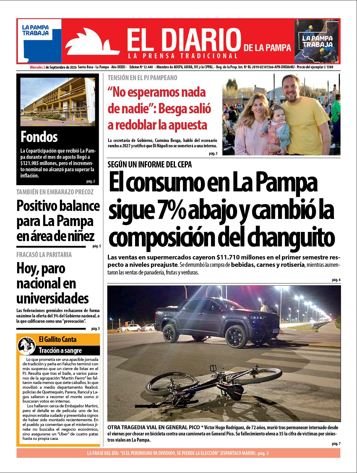 Tapa de El Diario en papel  mieacutercoles 02 de septiembre de 2026